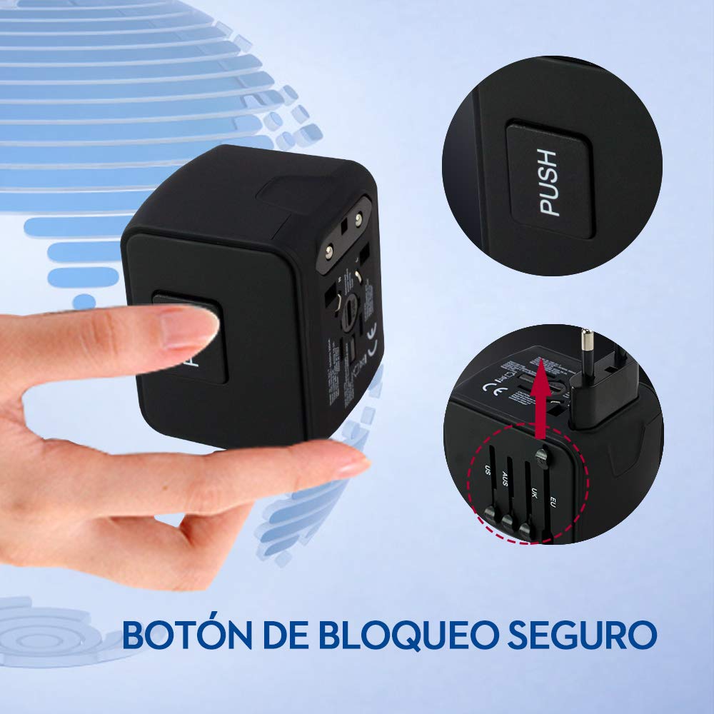 NIERBO Adaptador de Viaje Internacional, Todo en uno Cargador Universal de Adaptador Enchufe, 3 Puertos USB y 1 Tipo C, para el Reino Unido Estados Unidos Australia Europa y Asia(+160 países)