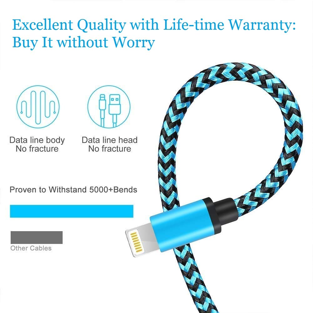 Cable iPhone [MFi Certificado] Cable Lightning 1.8M [3 Pack] Trenzado de Cargador iPhone Compatible con iPhone X 8 8 Plus 7 7 Plus 6s 6s Plus 6 6 Plus (Azul, Verde, Naranja)