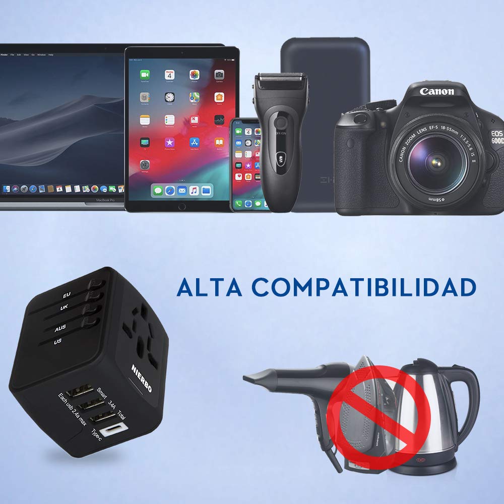 NIERBO Adaptador de Viaje Internacional, Todo en uno Cargador Universal de Adaptador Enchufe, 3 Puertos USB y 1 Tipo C, para el Reino Unido Estados Unidos Australia Europa y Asia(+160 países)