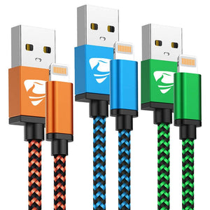 Cable iPhone [MFi Certificado] Cable Lightning 1.8M [3 Pack] Trenzado de Cargador iPhone Compatible con iPhone X 8 8 Plus 7 7 Plus 6s 6s Plus 6 6 Plus (Azul, Verde, Naranja)