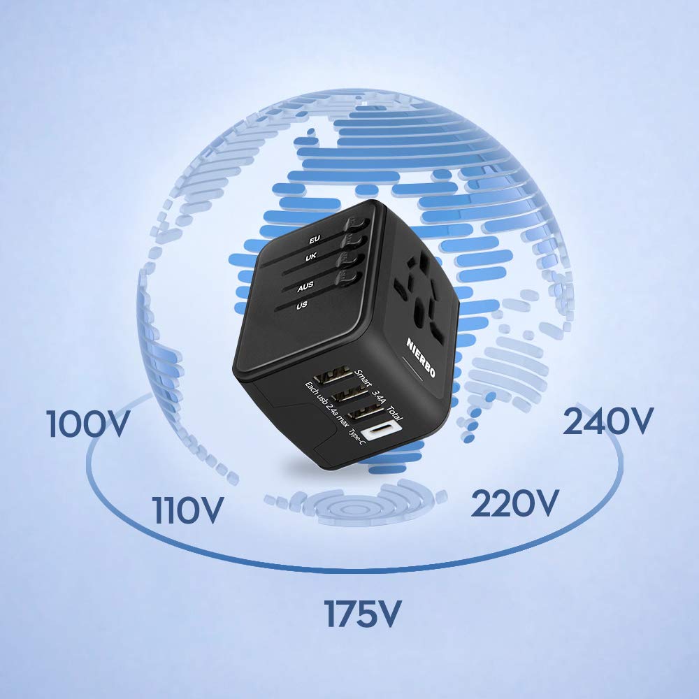 NIERBO Adaptador de Viaje Internacional, Todo en uno Cargador Universal de Adaptador Enchufe, 3 Puertos USB y 1 Tipo C, para el Reino Unido Estados Unidos Australia Europa y Asia(+160 países)