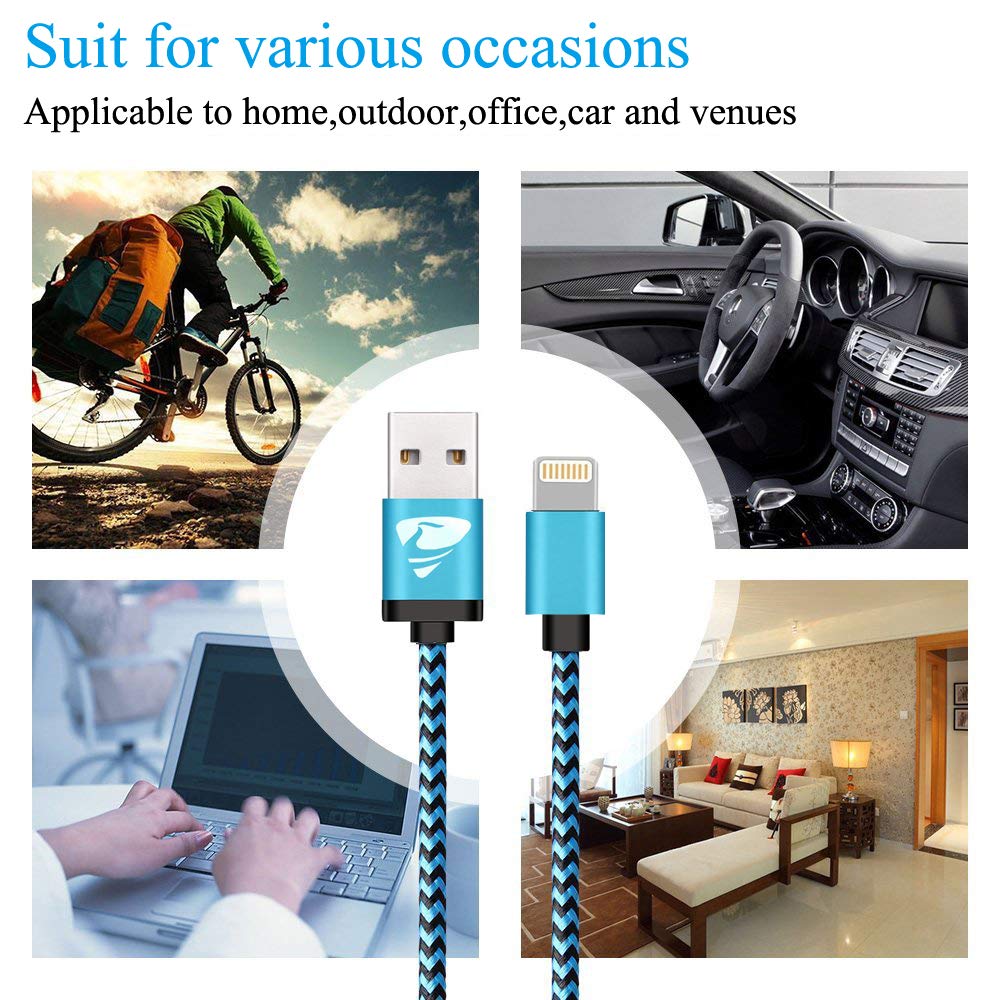 Cable iPhone [MFi Certificado] Cable Lightning 1.8M [3 Pack] Trenzado de Cargador iPhone Compatible con iPhone X 8 8 Plus 7 7 Plus 6s 6s Plus 6 6 Plus (Azul, Verde, Naranja)