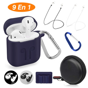 cuauco Airpods Cubierta Impermeable de Goma silícica, 2 Airpods Cuerdas de Guarda,2 Pares Airpods Gancho para la Oreja,2 Nudo para el Montañismo,1 Watch Holder,1 Caja de Guarda (9 en 1)(azúl Oscuro)