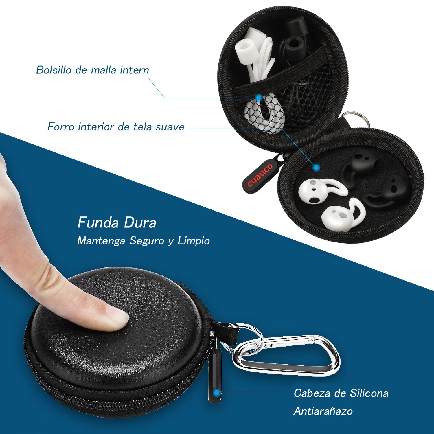 cuauco Airpods Cubierta Impermeable de Goma silícica, 2 Airpods Cuerdas de Guarda,2 Pares Airpods Gancho para la Oreja,2 Nudo para el Montañismo,1 Watch Holder,1 Caja de Guarda (9 en 1)(azúl Oscuro)