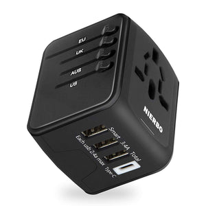 NIERBO Adaptador de Viaje Internacional, Todo en uno Cargador Universal de Adaptador Enchufe, 3 Puertos USB y 1 Tipo C, para el Reino Unido Estados Unidos Australia Europa y Asia(+160 países)